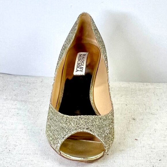 Badgley Mischka Gold Glitter Wedge Heels Size 7 1/2 - Picture 7 of 16